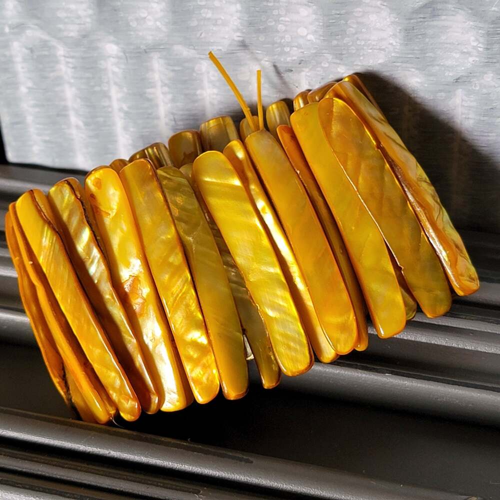 Vintage Yellow Mother of Pearl Stretch Bracelet Wide Shell Panel Bangle